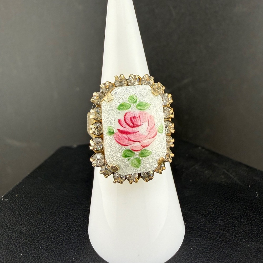 Vintage Guilloche Enamel Flower Adjustable Ring Gold Tone Rhinestone Size 7